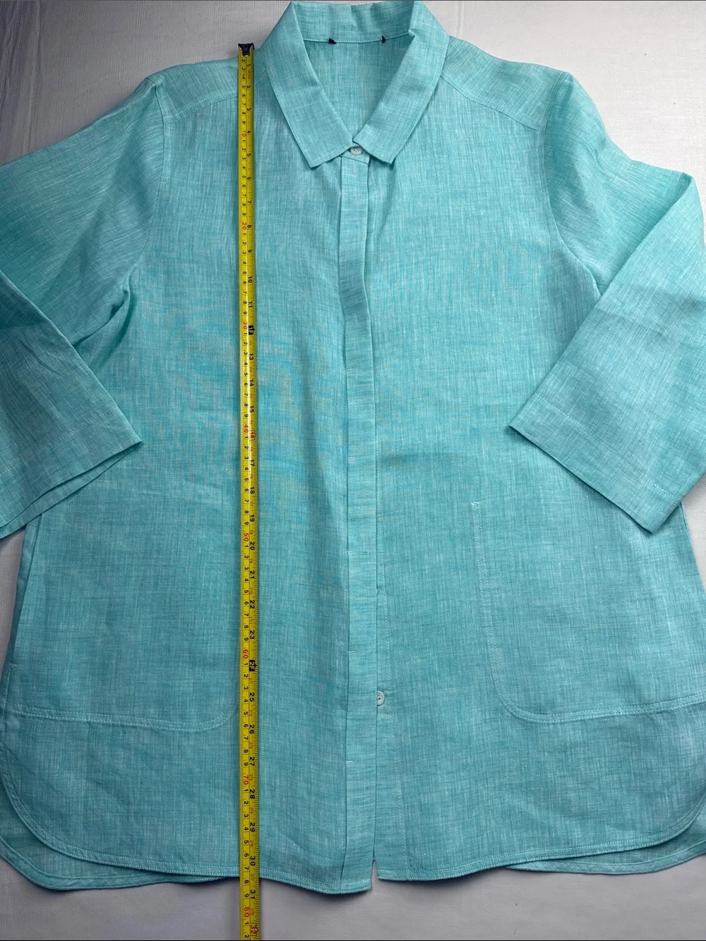 Lafayette 148 Aqua Linen Button-Down Shirt 3/4 Sleeves Side Pockets Size L - Picture 4 of 14